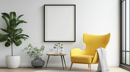 Fototapeta premium Scandinavian Interior Design of a Modern Living Room Featuring a Stylish Poster Mockup