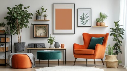 Fototapeta premium Scandinavian Interior Design of a Modern Living Room Featuring a Stylish Poster Mockup