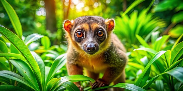 A curious quati explores its vibrant green habitat, basking under bright sunlight, discovering the wonders of its