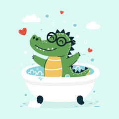 Cartoon crocodile with glasses splashing in a bubble bath.