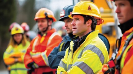 Obraz premium Planning for Safety: Rescue Workers Strategizing a New Training Program.