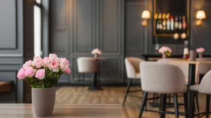 Fototapeta premium A stylish interior featuring a vase of pink flowers on a table, complemented by elegant decor and soft lighting.