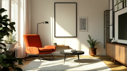Fototapeta premium Scandinavian Interior Design of a Modern Living Room Featuring a Stylish Poster Mockup