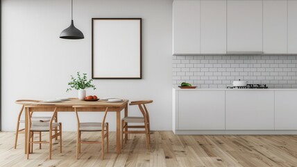 A modern kitchen and dining area featuring wooden furniture, white cabinetry, and a simple aesthetic, complemented by a blank wall frame and natural light.