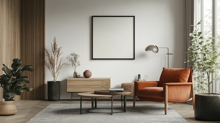 Fototapeta premium Scandinavian Interior Design of a Modern Living Room Featuring a Stylish Poster Mockup