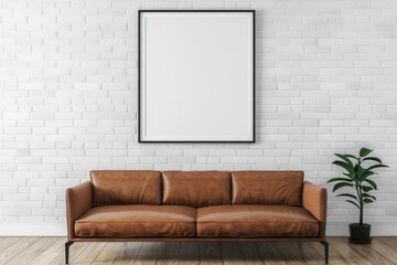 A modern interior featuring a brown leather sofa, a blank framed picture, and a potted plant against a textured white wall.