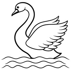 Swan Stretching Wings Above Water Detailed Line Art Vector