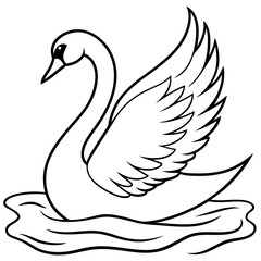 Swan Stretching Wings Above Water Detailed Line Art Vector