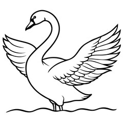 Swan Stretching Wings Above Water Detailed Line Art Vector