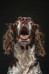 Obraz premium Surprised French Spaniel Dog Close-Up with Wide Eyes and Open Mouth in Studio Photography