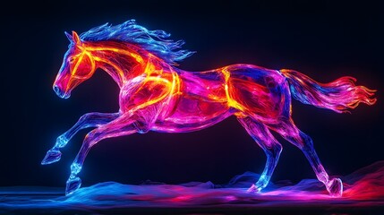 a neon lit horse on a dark background