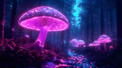 a mushroom lit by neon colors
