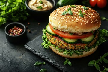 Veggie Burger. Vegetarian burger with lettuce tomato sesame seed bun s