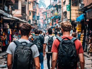 Fototapeta premium Backpackers exploring the bustling streets of Kathmandu, Nepal, surrounded by historic temples and vibrant markets