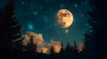 Naklejka premium the moon and stars in the sky, aurora borealis