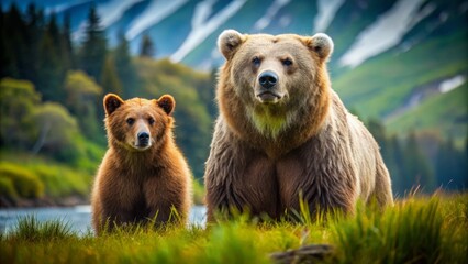 Obraz premium A majestic Kodiak bear and a powerful grizzly bear coexist peacefully in their breathtaking natural habitat, surrounded
