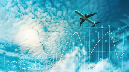 Obraz premium An airplane lifting a financial graph into the sky, symbolizing the growth potential of an airline acquisition.Aviation industry, strategy, investment, success,corporate strategies, economic growth.