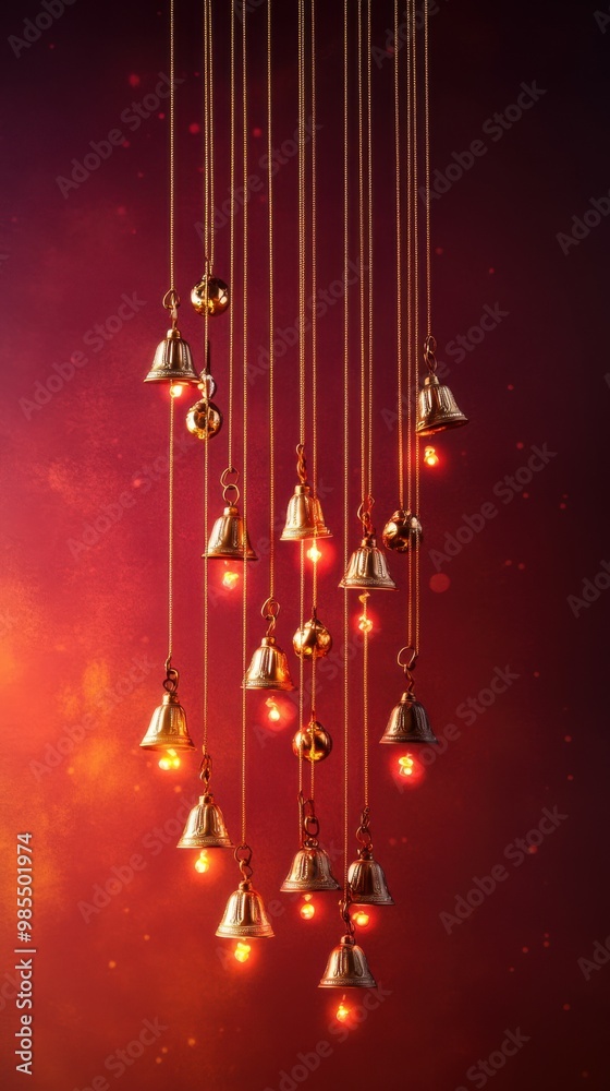 Wall mural traditional indian hanging toran with golden bells, set on a gradient backdrop from bright saffron t