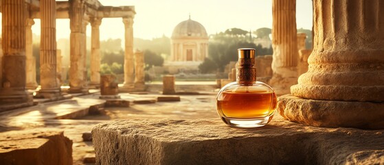 Ancient Romanstyle perfume bottle surrounded by classic Roman artifacts and architecture, highlighting historical elegance