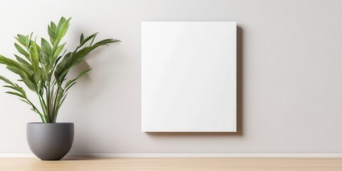 A minimalist interior showcasing a blank canvas on the wall and a decorative plant in a pot, perfect for modern decor.