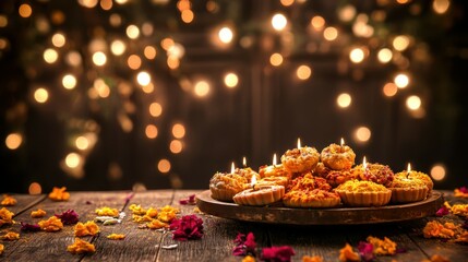 Traditional Indian sweets on a wooden table, with a view of a decorated home entrance adorned with twinkling fairy lights and flower garlands. Copy space, Indian traditional festival happy Diwali 