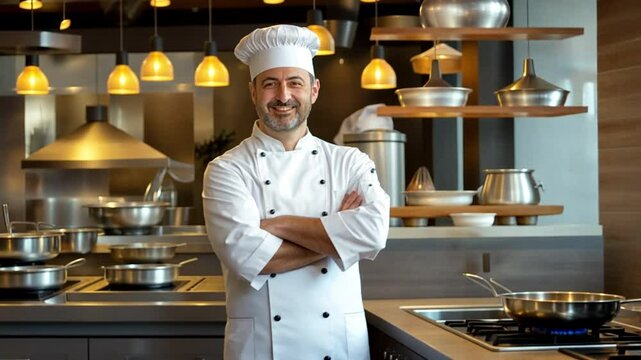 Stylish white uniformed chef with a proud chefs cap on 