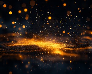 Obraz premium Luxurious composition featuring a reflective surface with scattered gold dust and glowing particles falling in the center