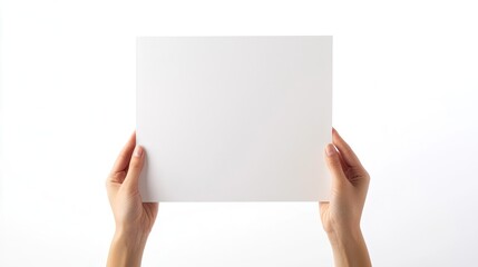 Professional Presentation with Blank Paper: Hands holding a blank sheet of paper on a white background, ideal for professional presentations and promotional materials.