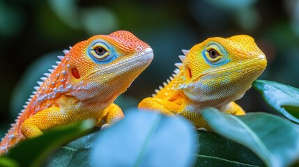 Obraz premium Two Colorful Lizards on Green Leaves