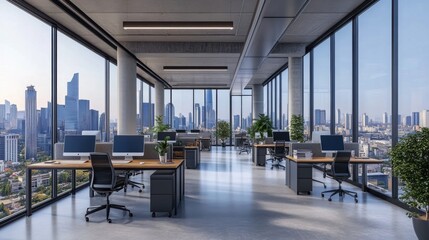 Modern open space office with multiple workstations, natural light from large windows, city view outside. Concept of business workplace. 3D Render