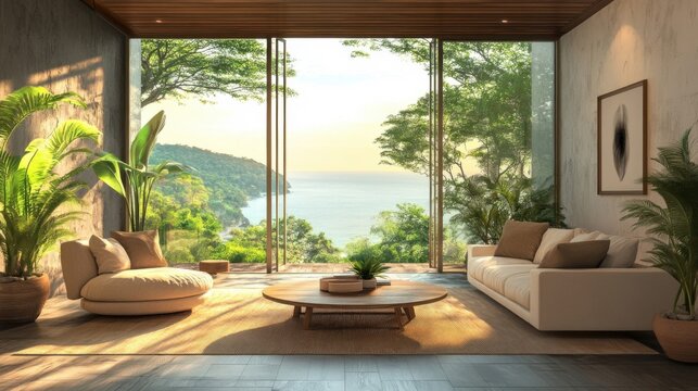 Luxury home living room interior with relax and eating zone, panoramic window