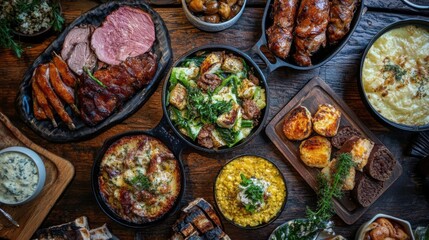A top-down view of a family-style dinner with a variety of dishes, served on a rustic wooden table.