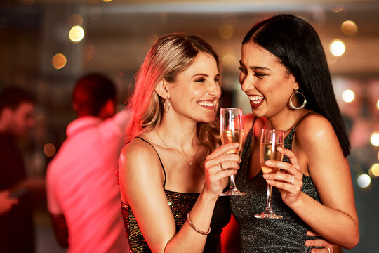 Excited, friends and toast with champagne at nightclub for birthday celebration, social reunion or luxury party. Smile, women and alcohol cheers for new years, festival congratulations and happy hour