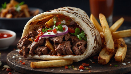 A close-up of a steak beef shawarma wrap and french fries