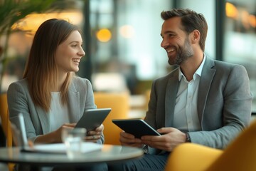 Fototapeta premium Two happy business colleagues having conversation at corporate meeting. Business team having discussion planning sales financial strategy in company using tablet working together in office.