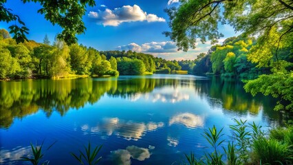 Fototapeta premium A serene lake is enveloped by vibrant green trees, reflecting the clear blue sky, creating a perfect picture