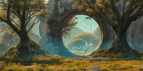 Mystical Forest with Large Stone Ring and Light Shafts