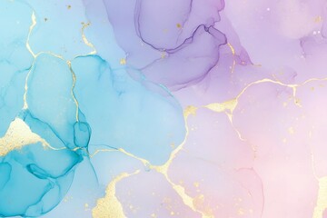 Abstract fluid art with pastel blue, pink, and purple tones and gold accents. Alcohol ink texture for design and print.