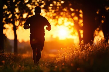 A silhouette of a man jogging at sunset, surrounded by nature, capturing the essence of fitness and tranquility.