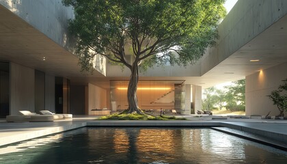 Fototapeta premium Realistic interior shot of a sleek threefloor house with a large indoor tree and an indoor river, modern and luxurious design, highdetail image