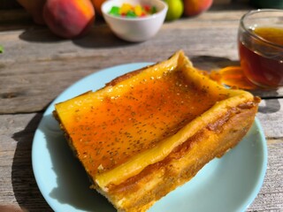 The most delicate sponge cake on a plate. High-quality photos for photography