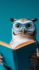 Owl with blue glasses reading a book on a turquoise background,