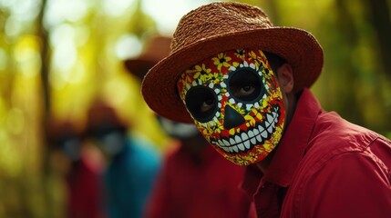 A man wearing a vibrant, colorful skull mask and a straw hat, blending tradition with celebration in a forest setting.