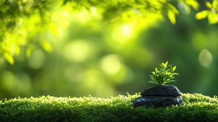 A serene nature scene featuring a small plant growing from a rock, surrounded by vibrant green foliage and soft, blurred background.