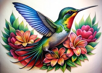 Obraz premium A colorful floral tattoo showcasing a hummingbird, blending elements of nature and artistry, perfect for those seeking