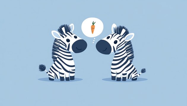 Cute cartoon vector of two zebras, with one zebra having a carrot in a thought bubble while looking up, set on a light blue background, simple and minimalist style