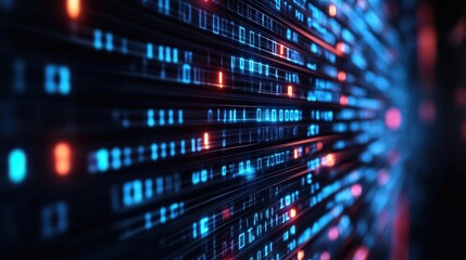 Fototapeta premium Abstract digital background featuring vibrant data streams with glowing binary code in blue and red hues.