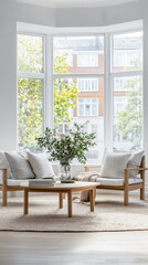 Cozy living room with natural light and plants in a modern urban apartment on a sunny afternoon