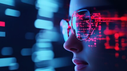 Portrait of a woman wearing glasses with a digital display effect, symbolizing technology and innovation in the digital age.