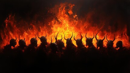 Mysterious silhouettes of horned figures against a fiery backdrop, creating a dramatic and intense atmosphere.